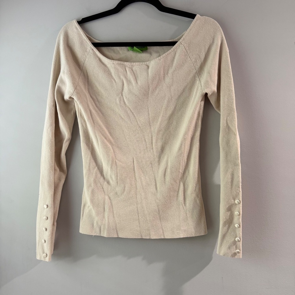 Chameleon Silk Angora Sweater Womens Medium Cream Good Square Neck Button Cuff